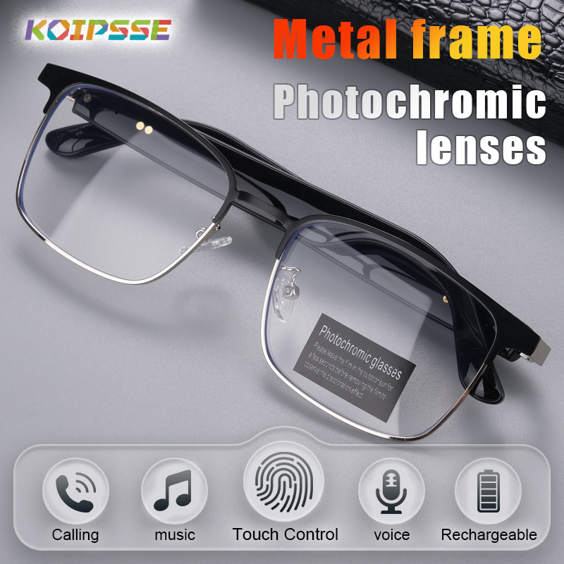 Home Office Headset - Koipsse Smart-Brille mit Metallrahmen, Farbwechselgläsern, Multifunktions-Wireless-Bluetooth-Headset,