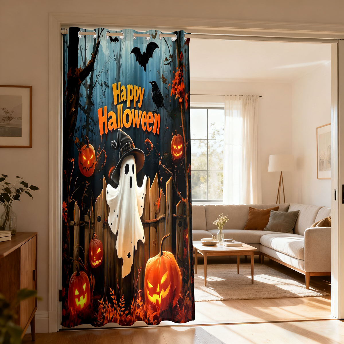 Home Office Rate - 1 Stück Halloween-Vorhang mit Geister-, Kürbis-