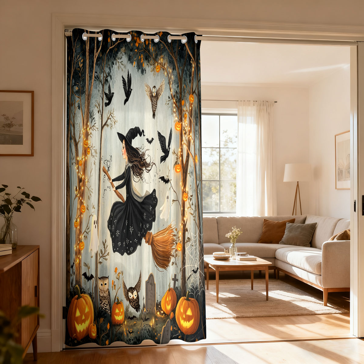 Home Office Rate - 1 Stück Halloween-Vorhang mit Hexen-, Kürbis-